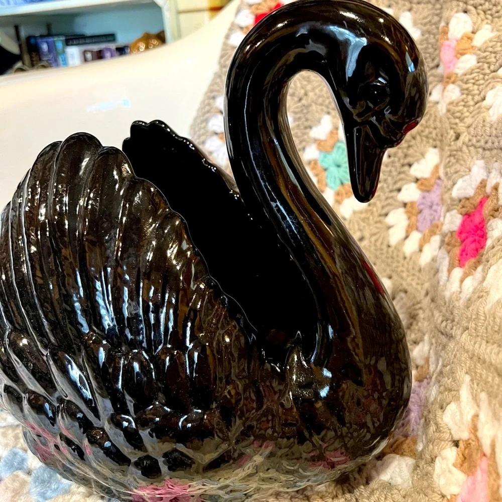 Vintage Handmade Signed Mid Century Mod Large Black Swan Planter